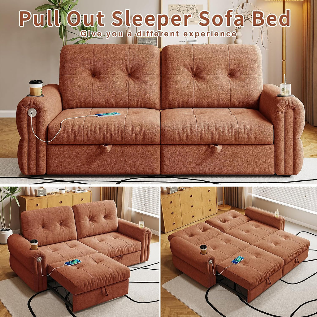 MAKIAAP Sleeper Sofa Bed, Queen Size Sofa Bed, Convertible Pull Out Couch with Adjustable Backrest, USB Port and Side Pockets, Modern 2 Seater Small Couches for Living Room, Space-Saving