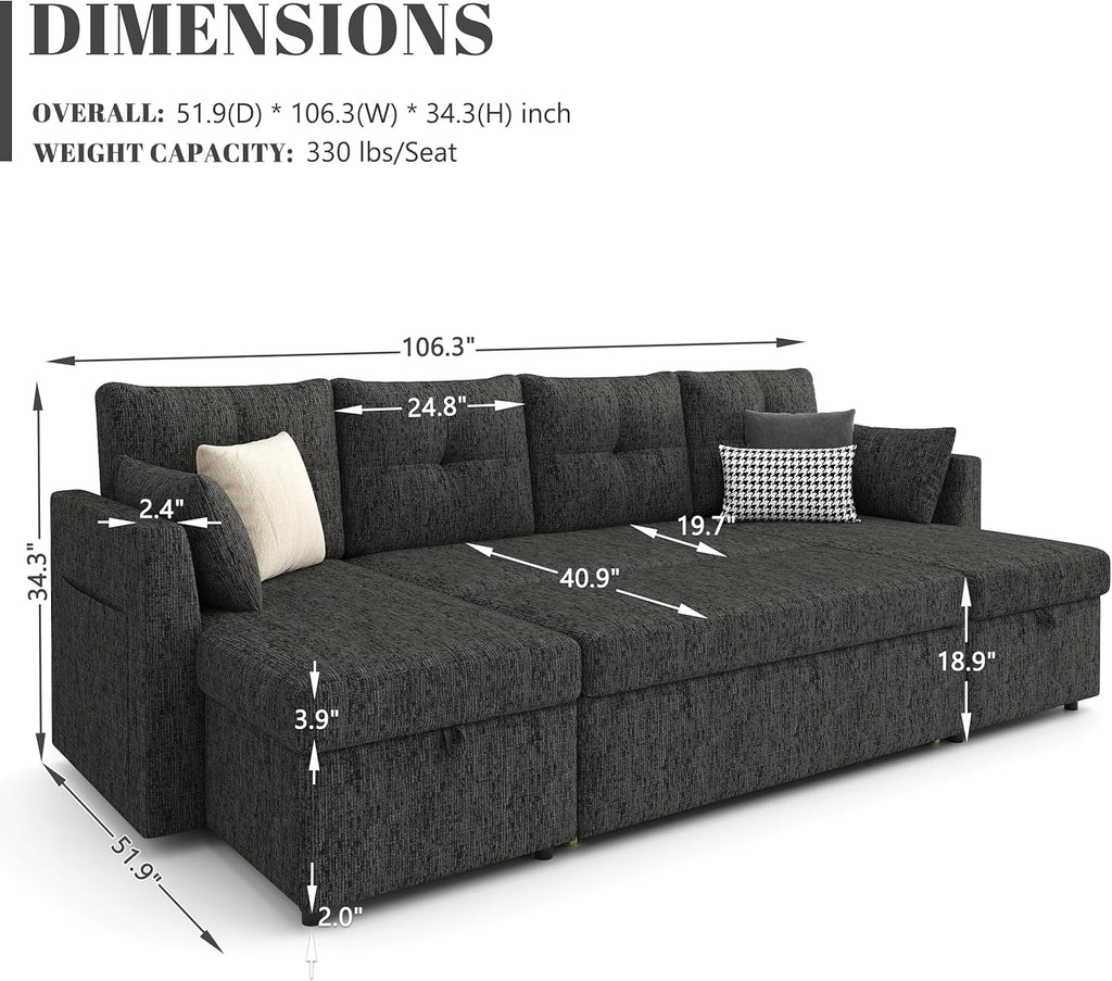 Huatean Home Oversized Sleeper Sofa Couch, 110 inch 2 in 1 Pullout Couch Bed with Side Pockets for Living Room, Sectional Sleeper Sofa Bed with Double Storage Chaise, Black