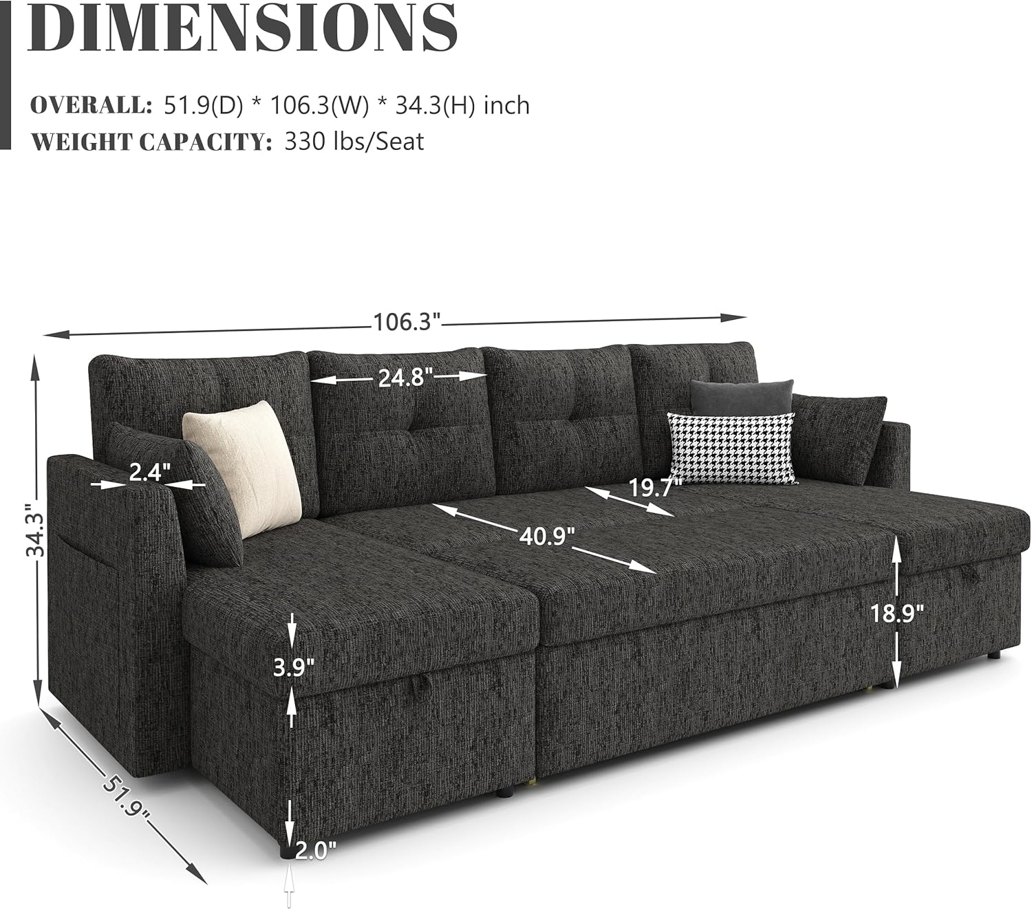 Huatean Home Oversized Sleeper Sofa Couch, 110 inch 2 in 1 Pullout Couch Bed with Side Pockets for Living Room, Sectional Sleeper Sofa Bed with Double Storage Chaise, Black