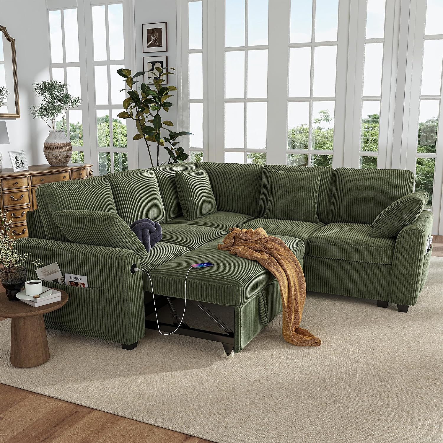 Hanherry Sectional Couch with Pull Out Sofa Bed,Corduroy Sleeper Sofa with 2 Seat Storage & USB Charging,Comfy L Shaped Modular Couches for Living Room,Apartment