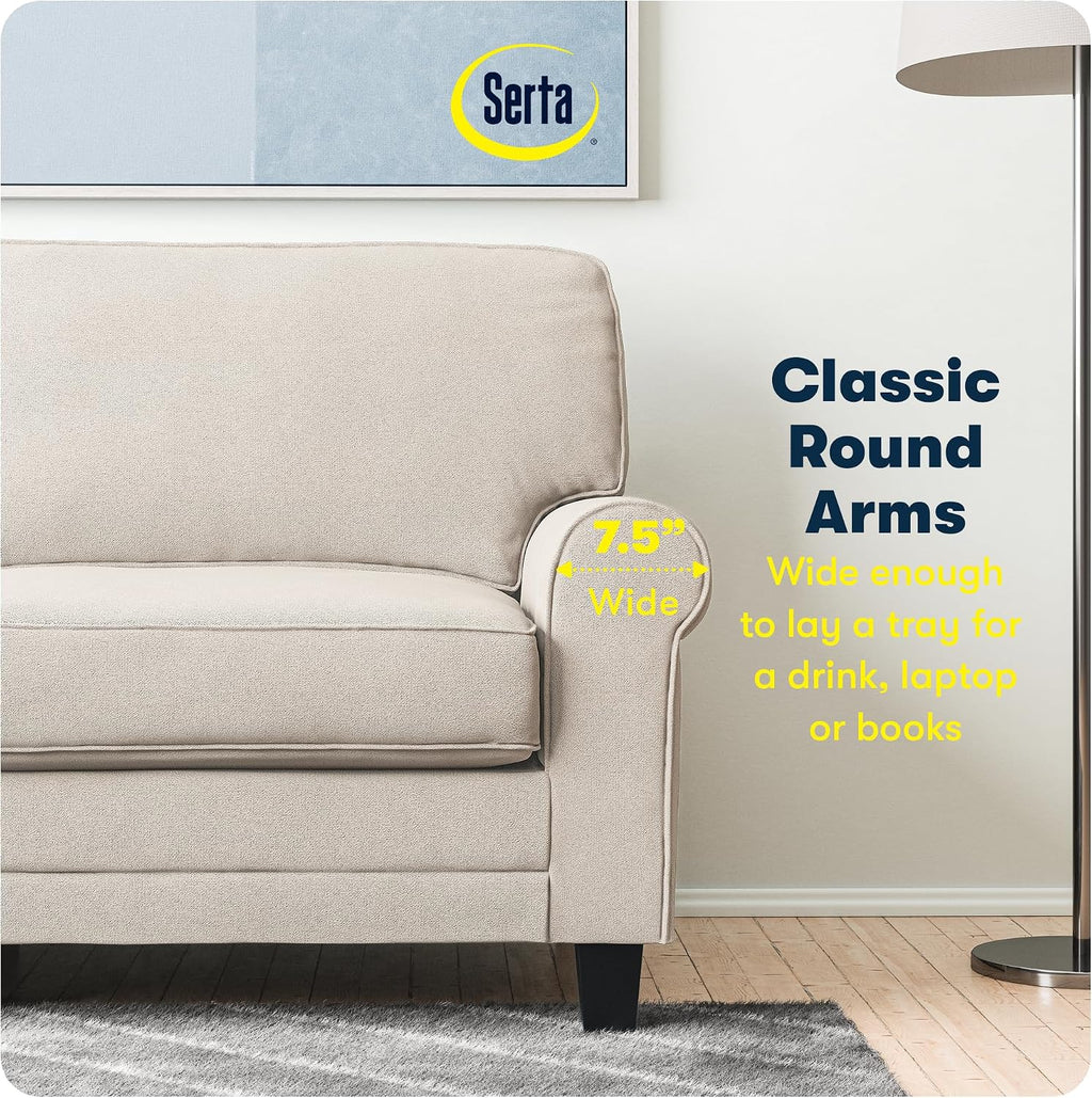 Serta Copenhagen 61' Rolled Arm Sofa, Easy Care Polyester, Soft Pillow Back, Pocket Coil Seat Cushions, Removable Covers, Loveseat or Couch for Small Spaces, Living Rooms or Bedrooms, Cream White