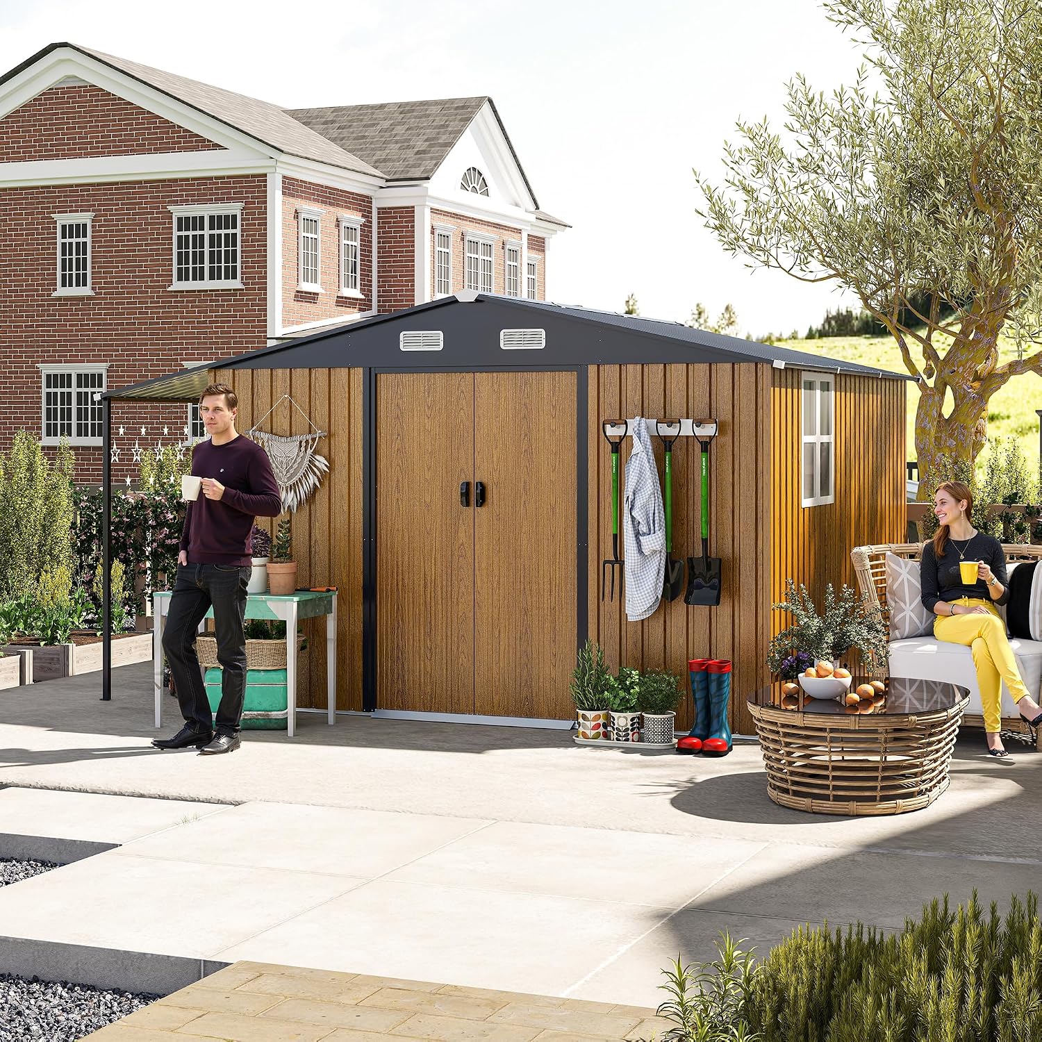 KEIKI 10x12 FT Outdoor Storage Shed, Extra Large Metal Shed with Lockable Doors, Windows, Outside Steel Tiny House Ideal for Garden, Backyard, Patio Utility, Tool Storage, Chicken Coops, Yellow