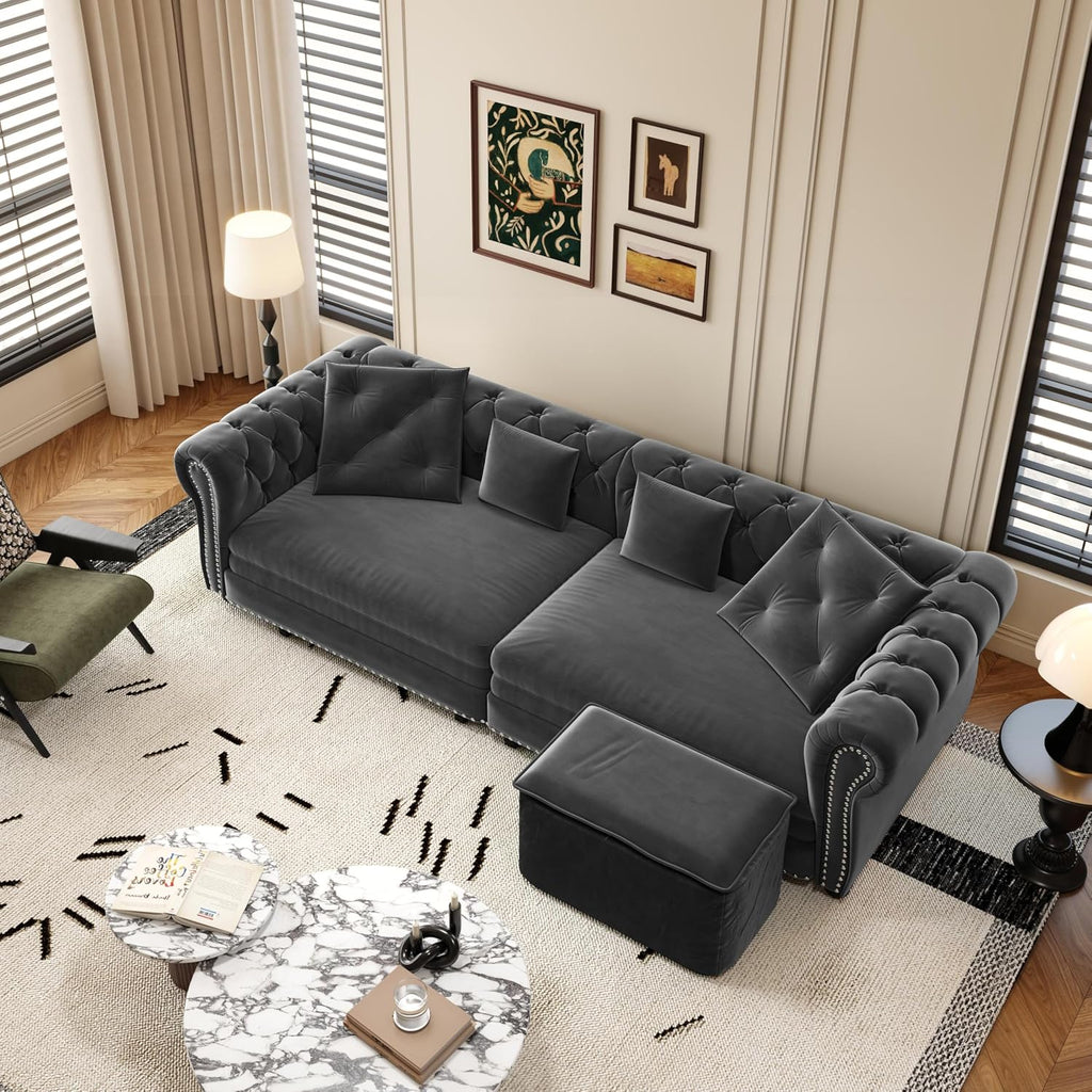 89' King Size Sleeper Sofa Bed, 3-in-1 Convertible Pull Out Chesterfield Sleeper Couch with Ottoman, Oversized Velvet Button Tufted L Shaped Sofa for Living Room Small Spaces, Grey