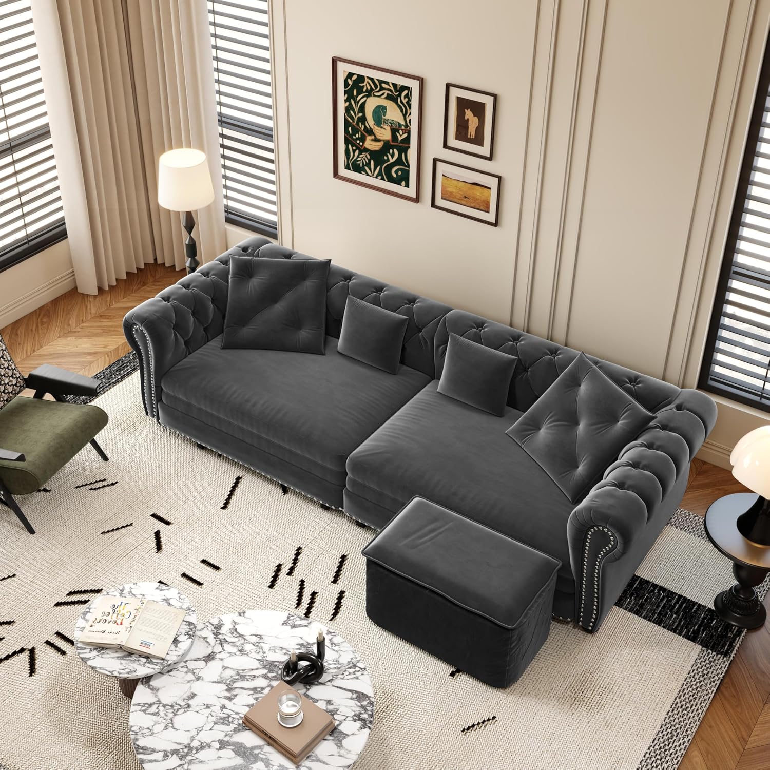 89' King Size Sleeper Sofa Bed, 3-in-1 Convertible Pull Out Chesterfield Sleeper Couch with Ottoman, Oversized Velvet Button Tufted L Shaped Sofa for Living Room Small Spaces, Grey