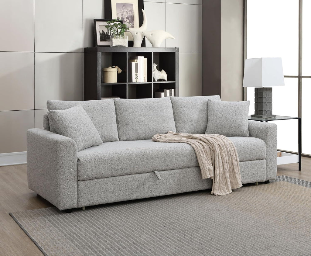 Acme Connie Fabric Upholstered Sofa with Sleeper and 2 Pillows in Beige