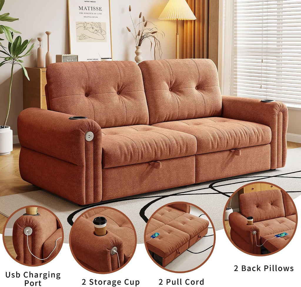 MAKIAAP Sleeper Sofa Bed, Queen Size Sofa Bed, Convertible Pull Out Couch with Adjustable Backrest, USB Port and Side Pockets, Modern 2 Seater Small Couches for Living Room, Space-Saving