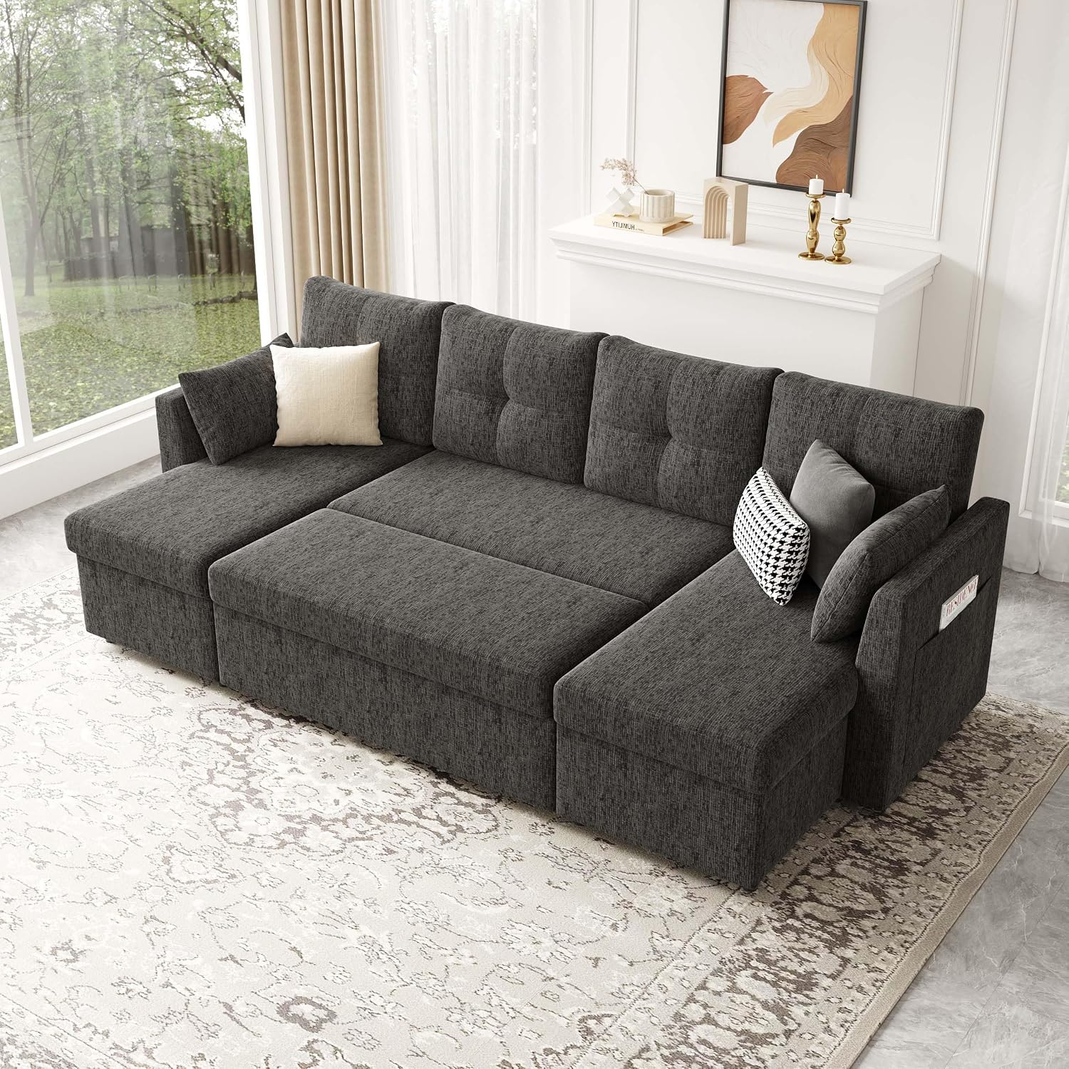 Huatean Home Oversized Sleeper Sofa Couch, 110 inch 2 in 1 Pullout Couch Bed with Side Pockets for Living Room, Sectional Sleeper Sofa Bed with Double Storage Chaise, Black