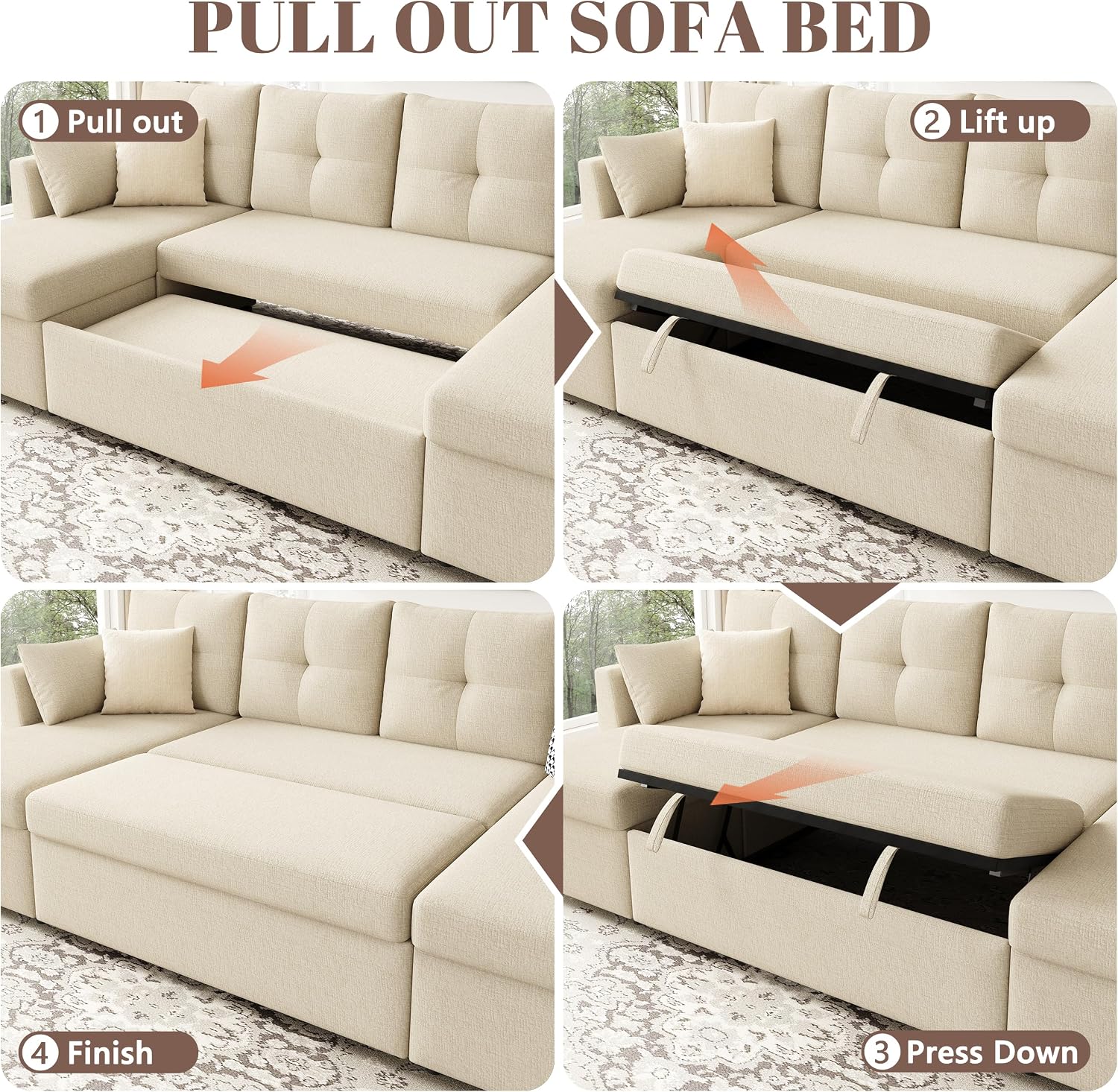 Huatean Home Oversized Sleeper Couch Sofa, Sectional Sleeper Sofa Bed with Side Pocket for Living Room, 110 inch 2 in 1 Pull Out Couch with Double Storage Chaise, Beige