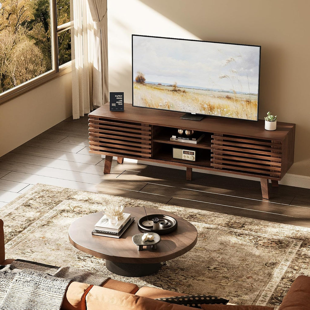 MAISONARIA Mid-Century Modern TV Stand for 50/55/60 inch TV, Retro Entertainment Center with Storage Cabinet & Sliding Door, TV Stand for Living Room, Bedroom