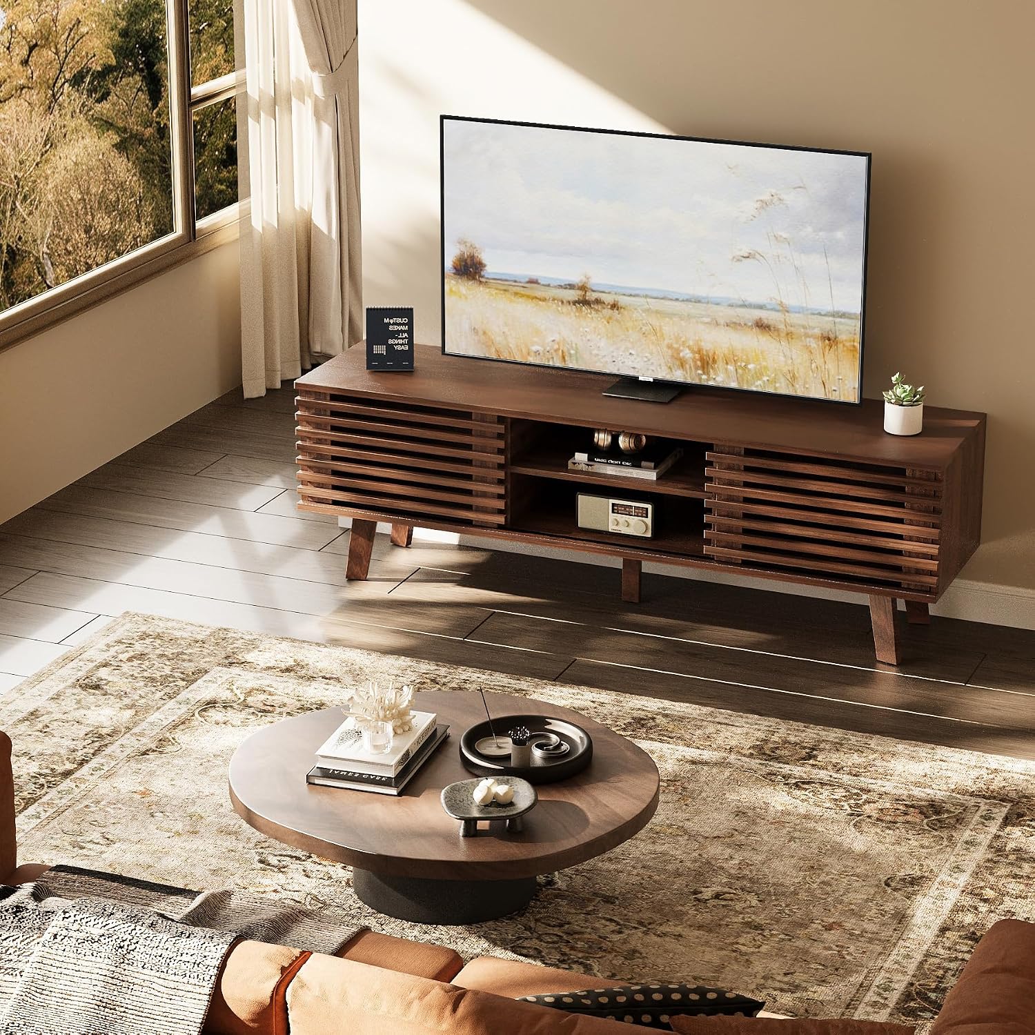 MAISONARIA Mid-Century Modern TV Stand for 50/55/60 inch TV, Retro Entertainment Center with Storage Cabinet & Sliding Door, TV Stand for Living Room, Bedroom