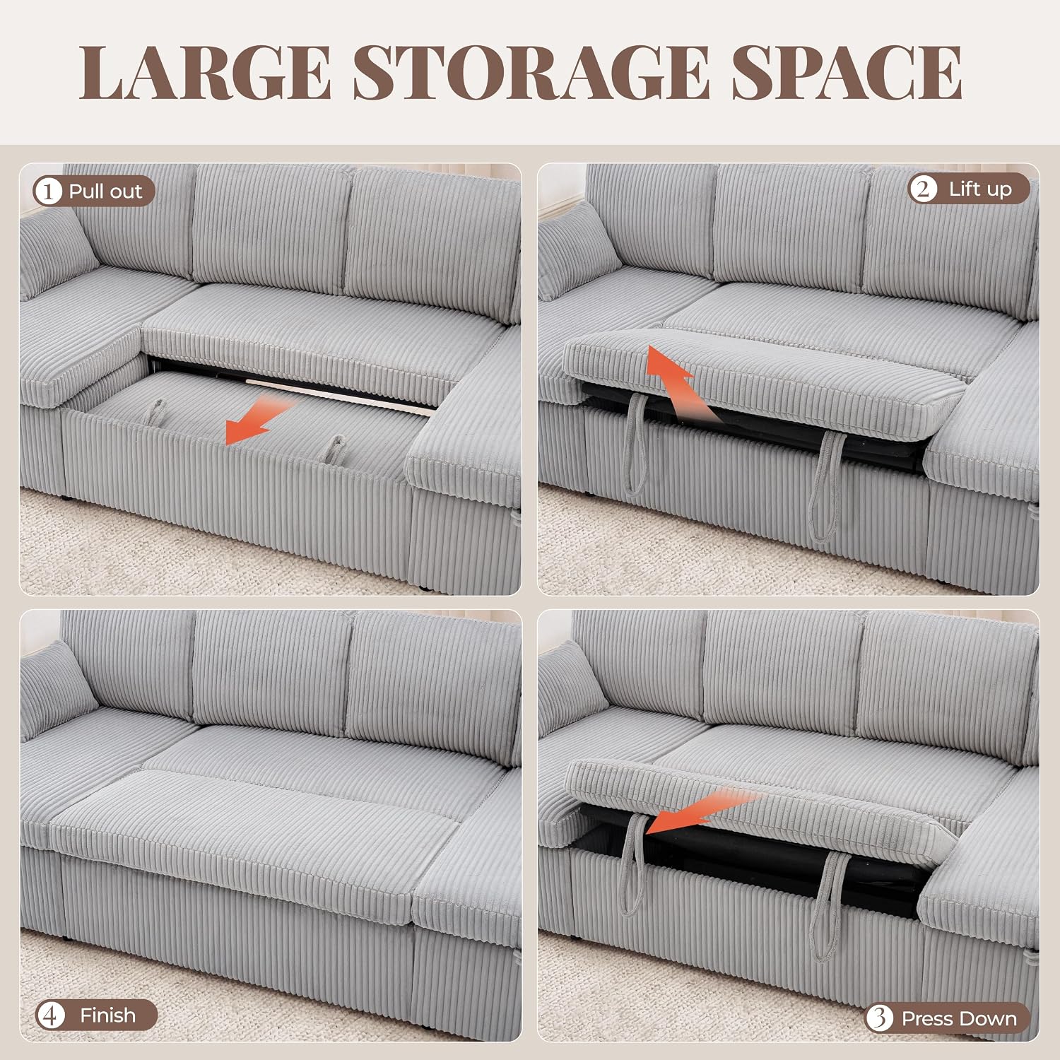 Huatean Home Oversized Sleeper Sofa Couch, 100 inch 2 in 1 Pullout Couch Bed with Side Pockets for Living Room, Sectional Sleeper Sofa Bed with Double Storage Chaise, CloudGrey