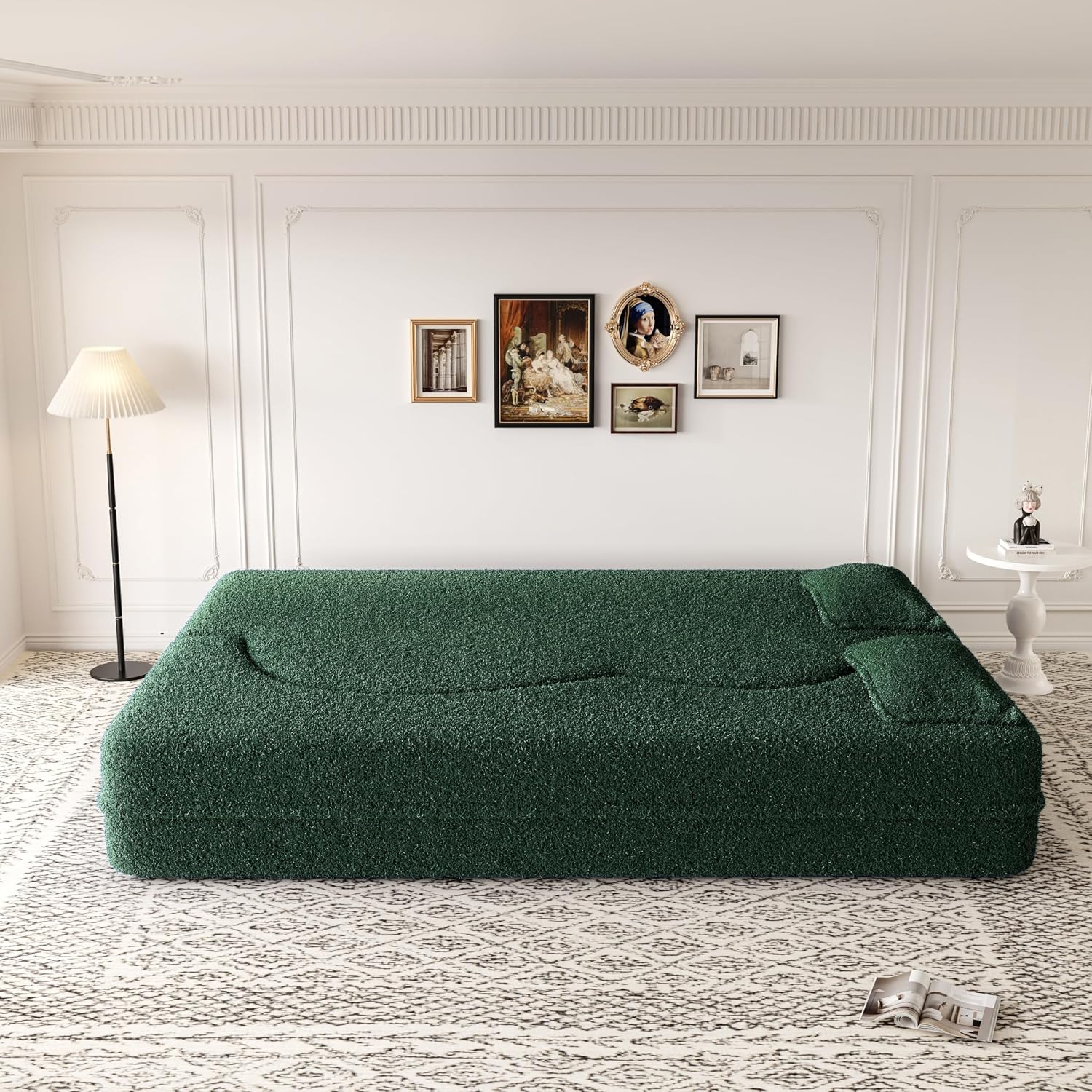 Ball & Cast 78' Floor Sofa Bed with 2 Pillows,Convertible Teddy Fabric Foam-Filled Sleeper Sofa Bed,Pull Out Couch Full Size Folding Mattress for Living Room,Playroom,No Assembly Required,Green