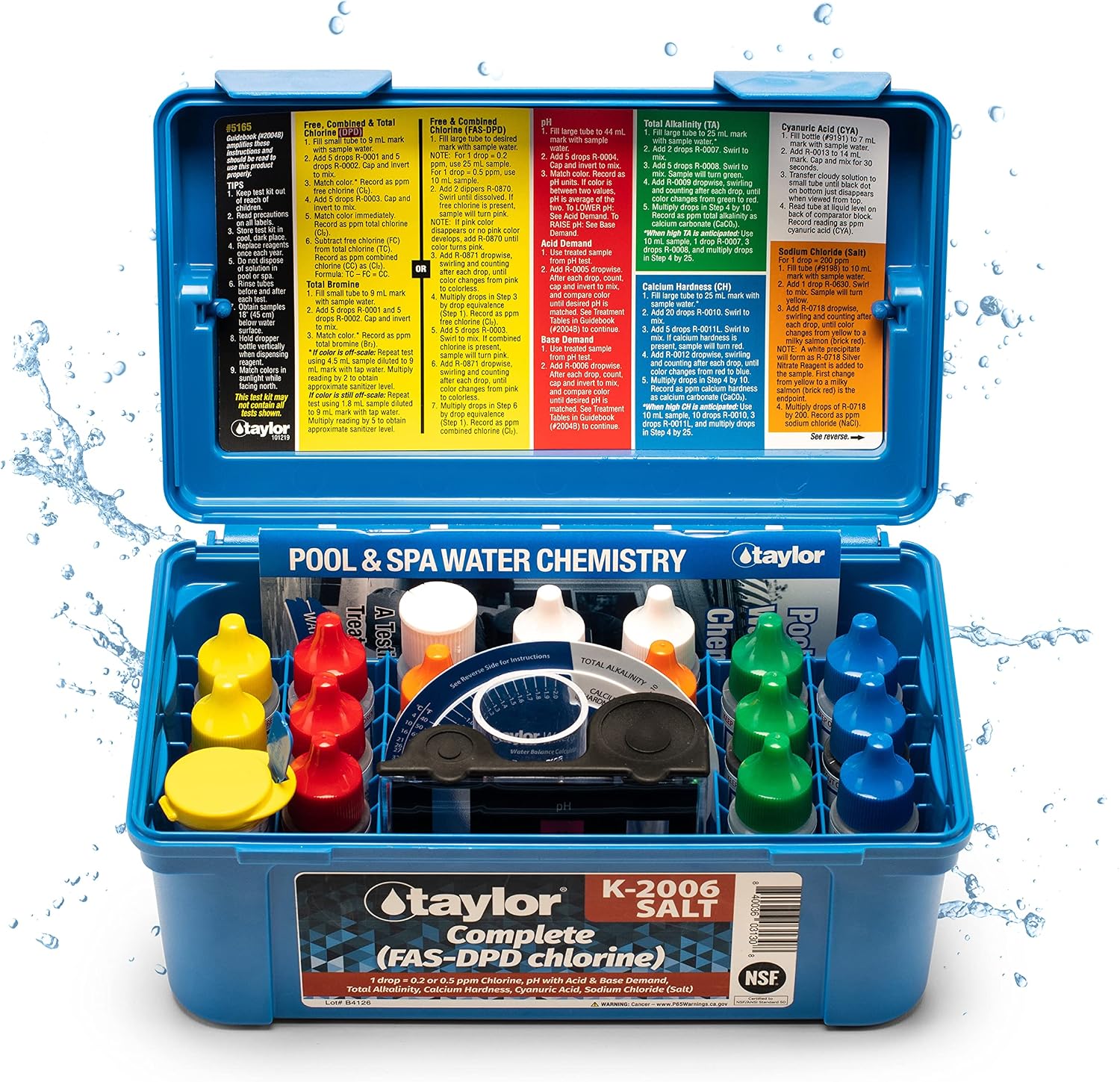 Taylor K-2006-SALT FAS-DPD, 9-in-1 Pool & Spa Test Kit, Free & Combined Chlorine, pH, Acid & Base Demand, Total Alkalinity, Calcium Hardness, Cyanuric Acid (CYA), and Chloride (Sodium Chloride).