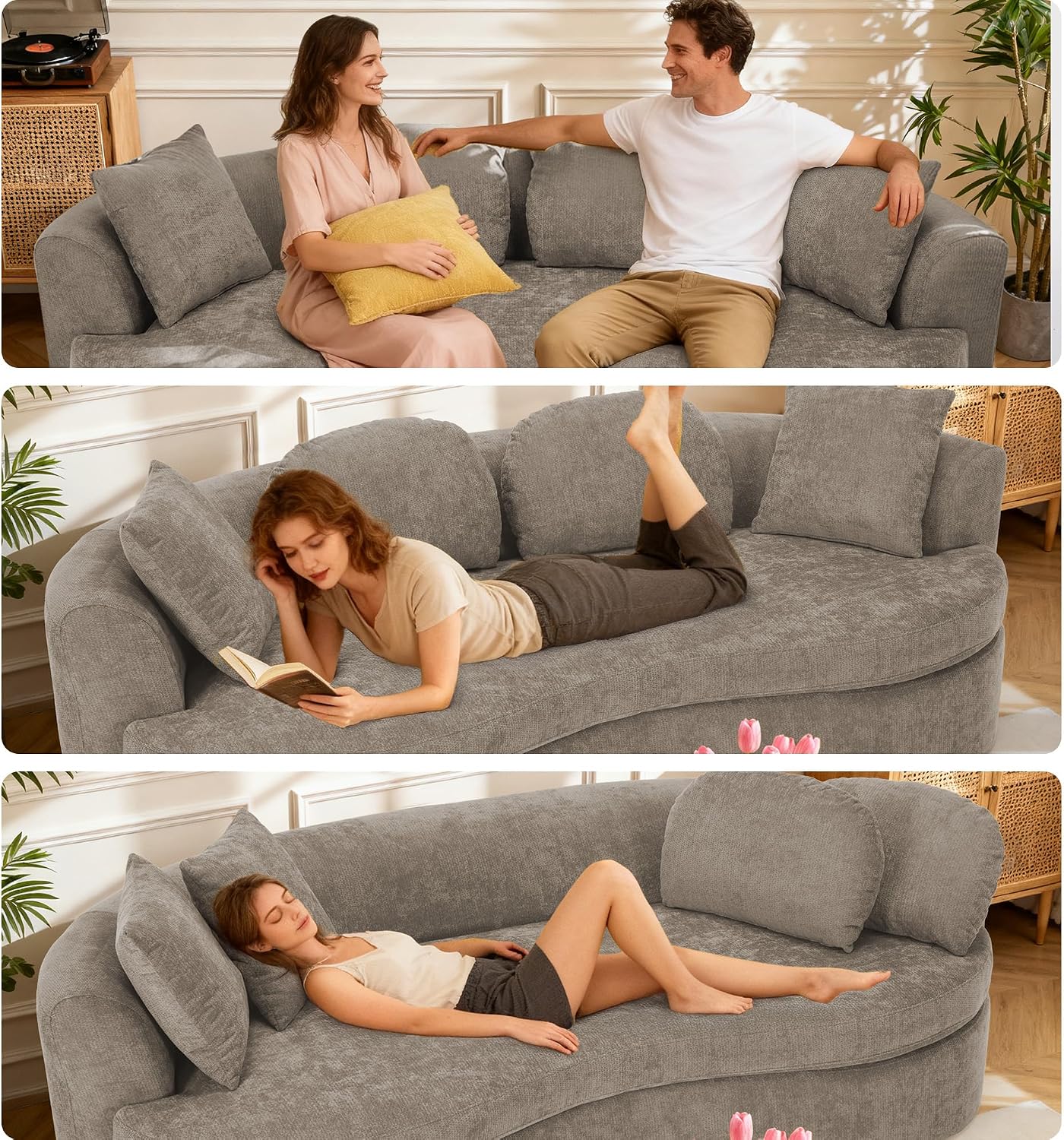 95' Modern Curved Sofa, Chenille Fabric Comfy Cloud Couch, No Assembly Required Half Moon Couch with Deep Seat, 4 Pillows for Living Room, Apartment, Bedroom