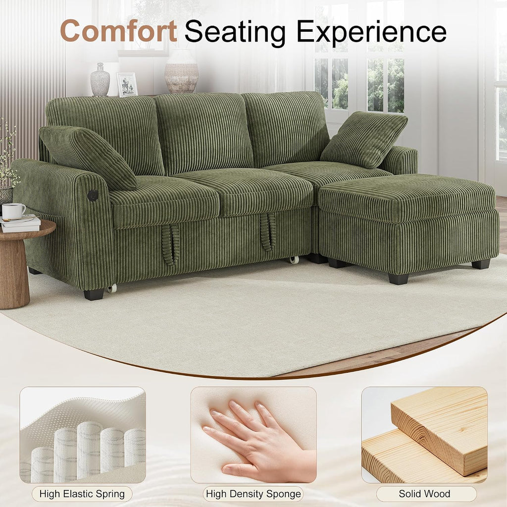 Hanherry 81' Sectional Couch with Pull Out Sofa Bed,Corduroy Sleeper Sofa with Storage Ottoman & USB Charging,Comfy L Shaped Modular Couches for Living Room,Apartment | USB charging port, side pockets, Corduroy fabric