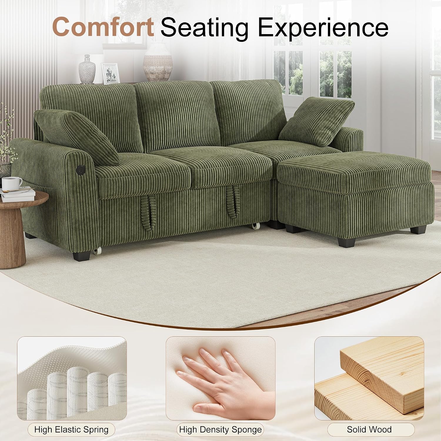 Hanherry 81' Sectional Couch with Pull Out Sofa Bed,Corduroy Sleeper Sofa with Storage Ottoman & USB Charging,Comfy L Shaped Modular Couches for Living Room,Apartment | USB charging port, side pockets, Corduroy fabric