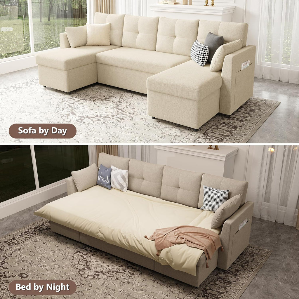 Huatean Home Oversized Sleeper Couch Sofa, Sectional Sleeper Sofa Bed with Side Pocket for Living Room, 110 inch 2 in 1 Pull Out Couch with Double Storage Chaise, Beige
