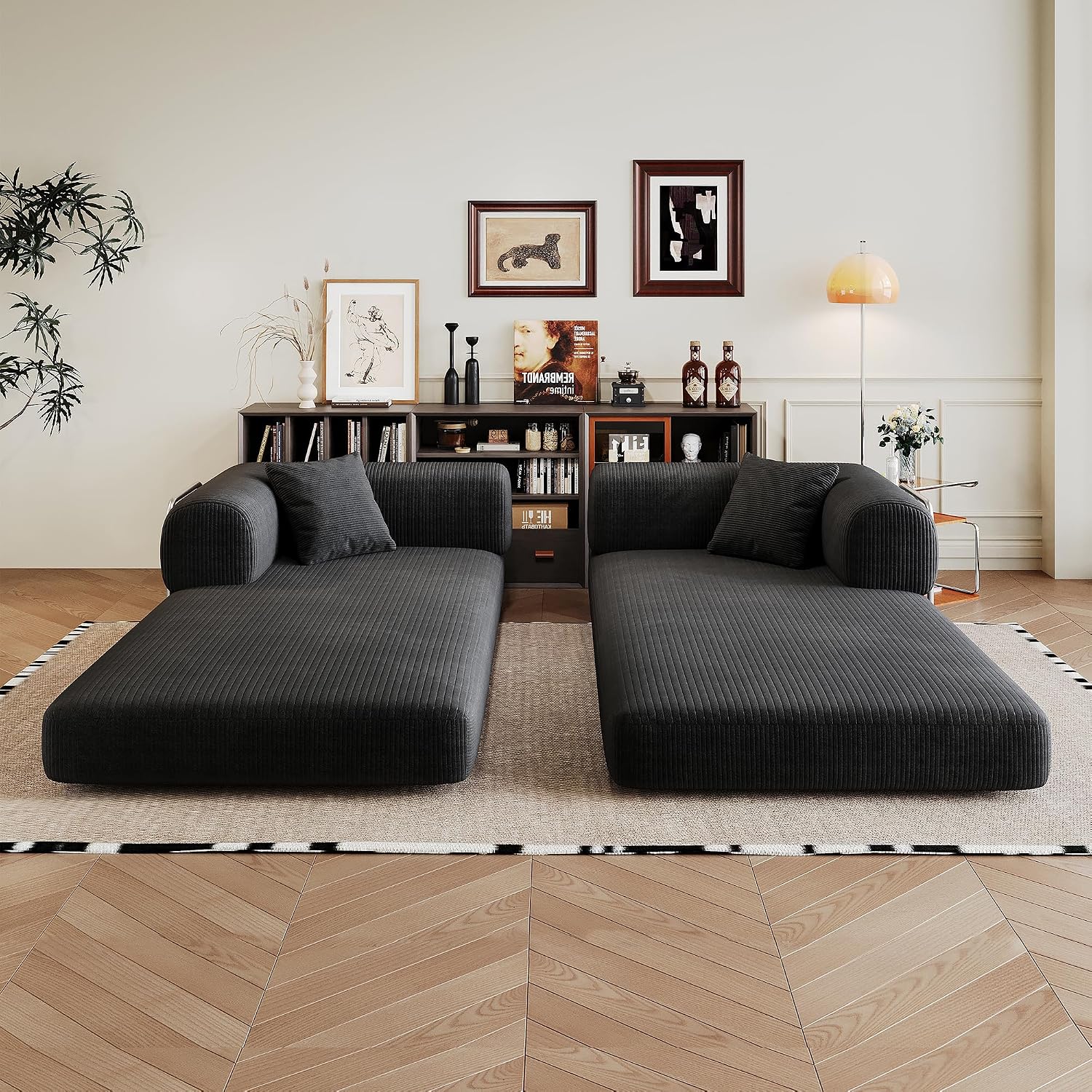 Ball & Cast 78.8' No-Assembly Compressed Sofa Bed, Convertible Floor Futon Couch with Pillow Backrest & Armrest, Boneless Modular Sleeper Sofa in Corduroy for Living Room Bedroom, Black