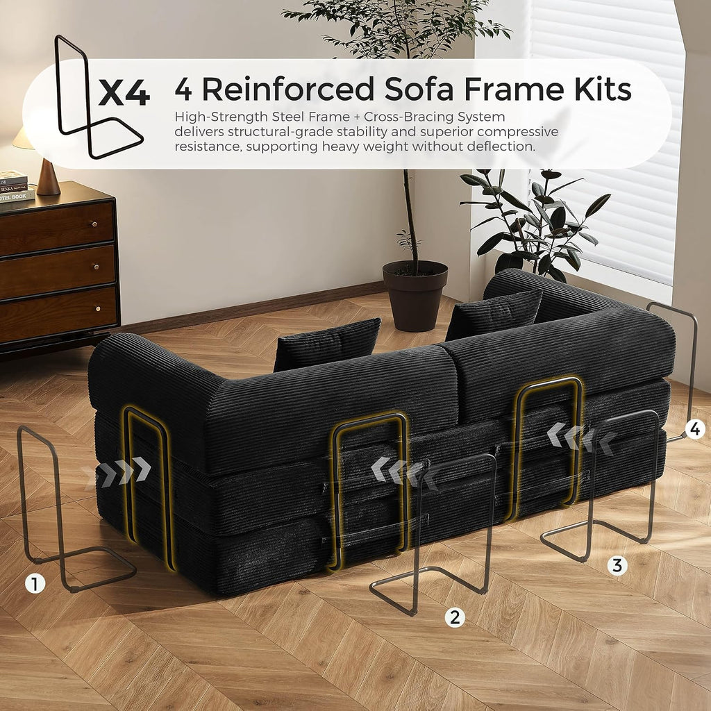 79' Convertible Sofa Bed with Fixed-Shape Frame & Removable Armrests, Modular Corduroy Sleeper Sofa, Folding Mattress Couch for Small Spaces - No Assembly Needed in Black (Includes 2 Pillows)
