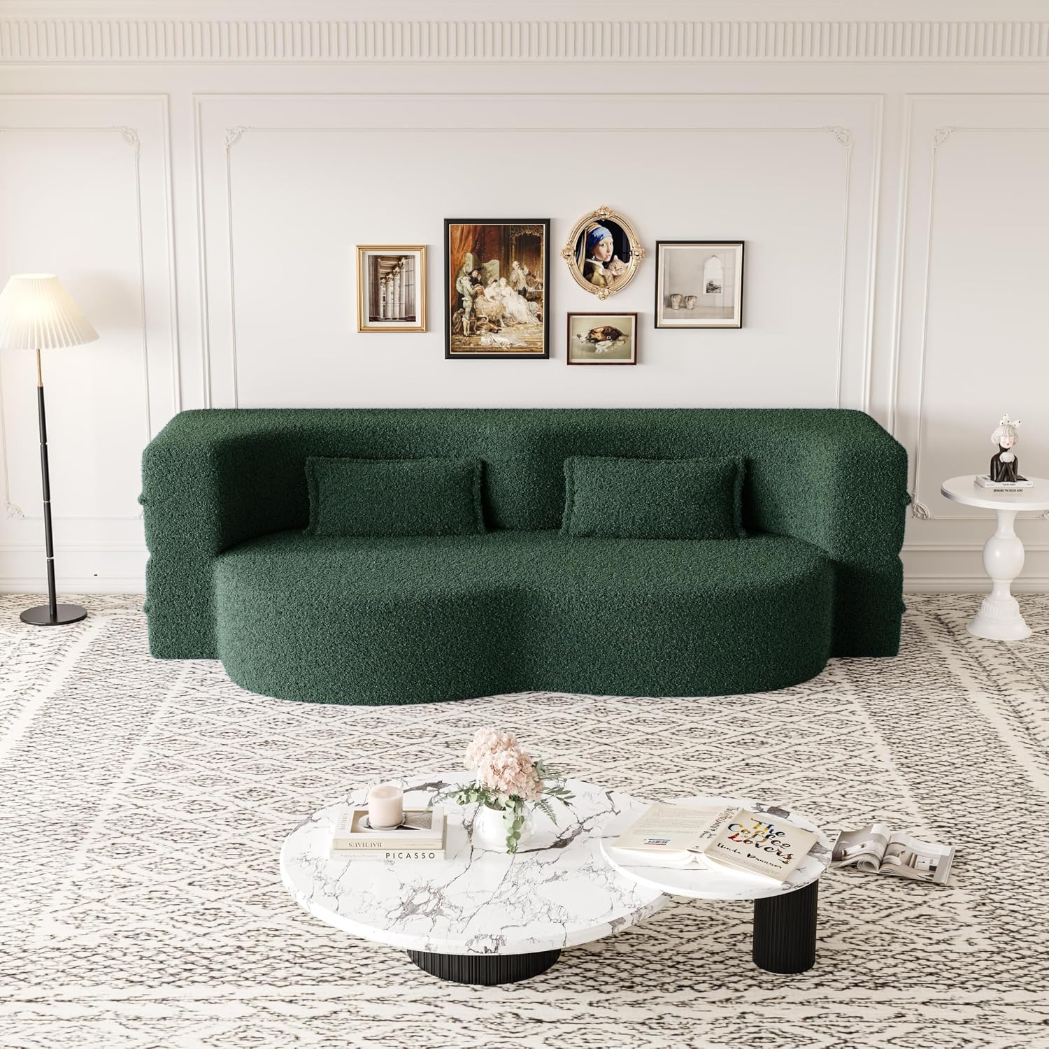 Ball & Cast 78' Floor Sofa Bed with 2 Pillows,Convertible Teddy Fabric Foam-Filled Sleeper Sofa Bed,Pull Out Couch Full Size Folding Mattress for Living Room,Playroom,No Assembly Required,Green