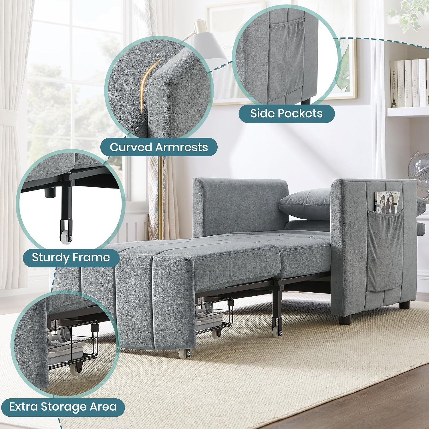 Ball & Cast 31.5' Convertible Pull-Out Sleeper Sofa Bed,Chenille Upholstered Pull Out Couch Chair,3 in 1 Single Sofa Chair W/Storage Basket and Side Pocket,Recliner Chaise Lounge for Living Room,Grey