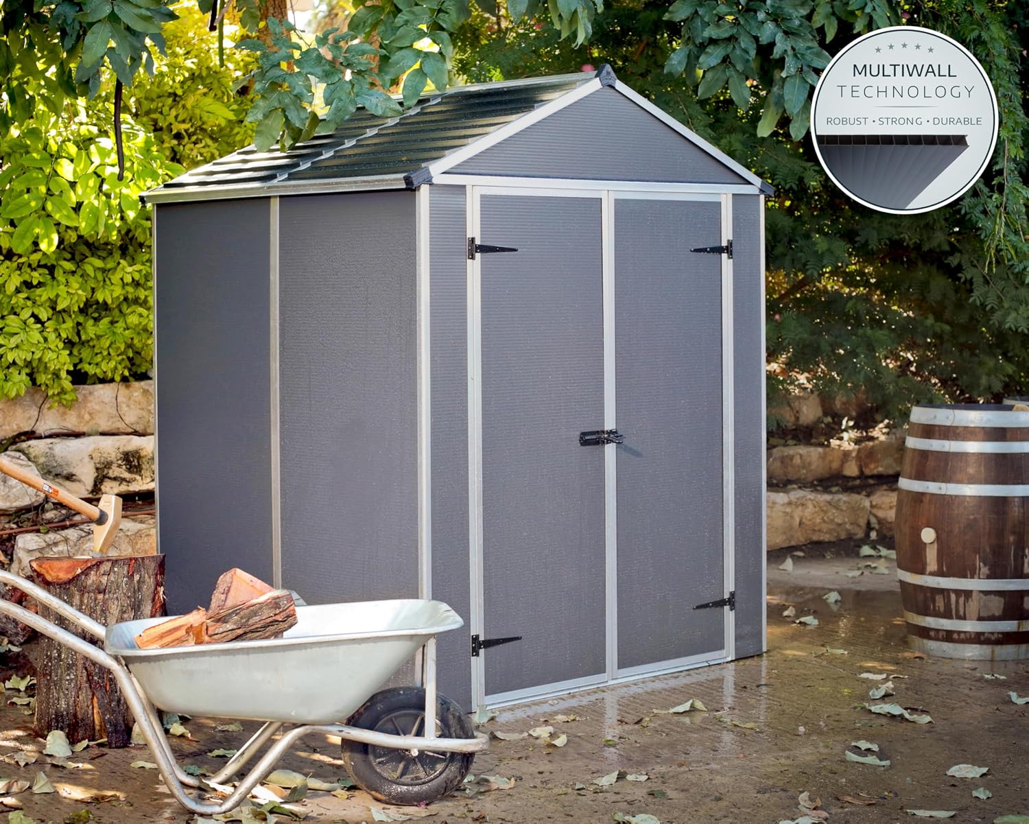 Palram - Canopia Rubicon Storage Shed, 6'x 5' DIY Backyard Shed, Gray Polycarbonate Panels and Aluminum Frame, Sheds & Outdoor Storage for Lawn Mower, Bike, Garden Tools, Outdoor Storage Box Shed