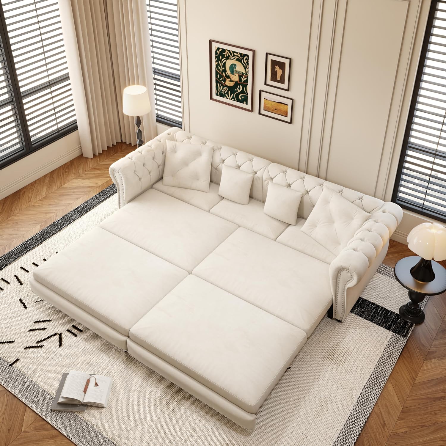 89' King Size Sleeper Sofa Bed, 3-in-1 Convertible Pull Out Chesterfield Sleeper Couch with Ottoman, Oversized Velvet Button Tufted L Shaped Sofa for Living Room Small Spaces, Beige White
