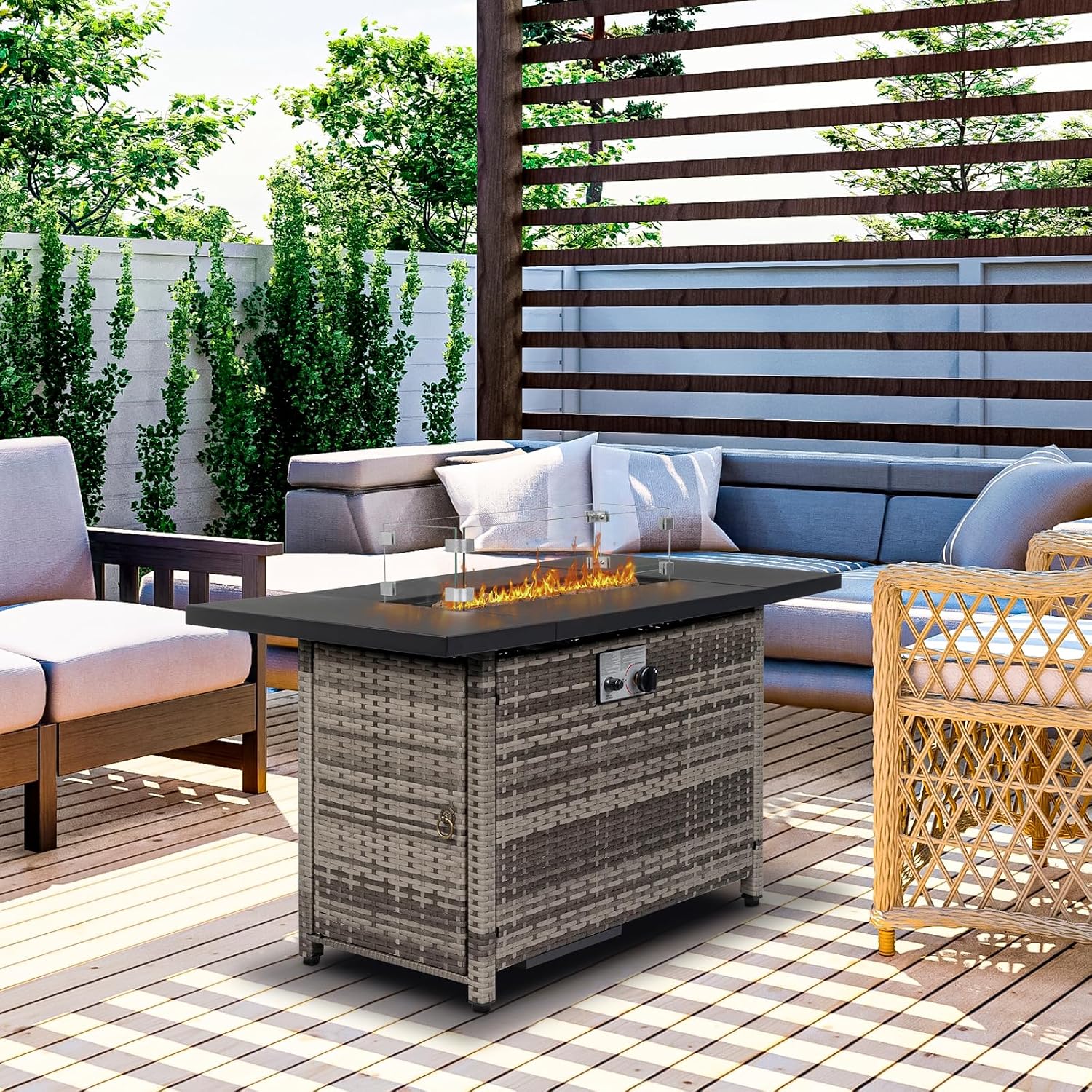 VINGLI Fire Pit Table, 43 'Gas Firepit Table, 50,000 BTU Outdoor Propane Fire Pit, Rattan Finish, Spliced Metal Tabletop, Lava Rock, Rain Cover, Windshiel for Patio Garden or Thanksgiving - Grey