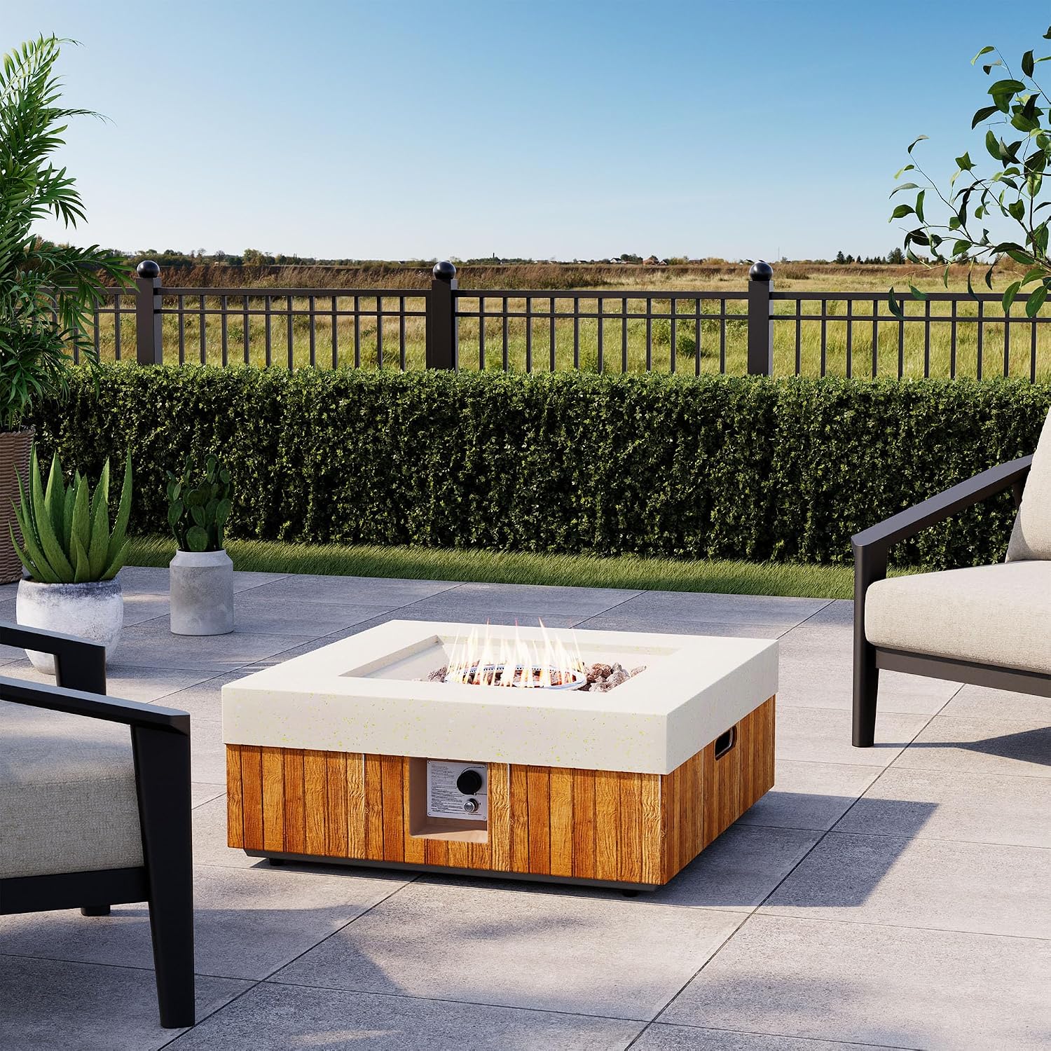 COSIEST 28' Outdoor Propane Fire Pit Table, Small Square Gas Fire Pit Table with Concrete & Log Wood Grain Design, 50000BTU Fire Tables for Patio, Backyard, Garden Heating