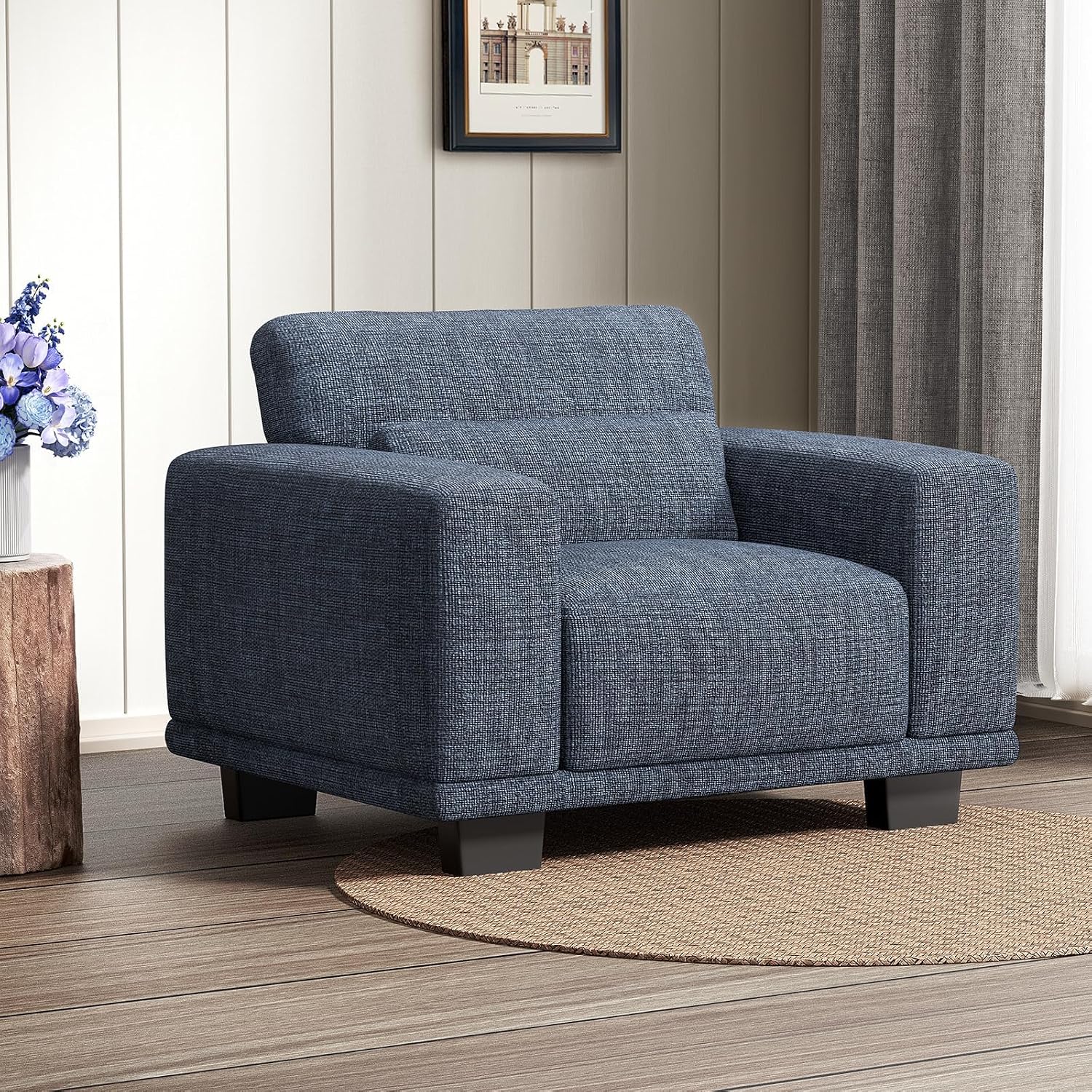 Marsail 40 Inch Single Sofa, 1-Seater Modern Comfy Couch with Deep Seats, Upholstered Linen Couches for Living Room, Bedroom, Office,Apartment, Blue