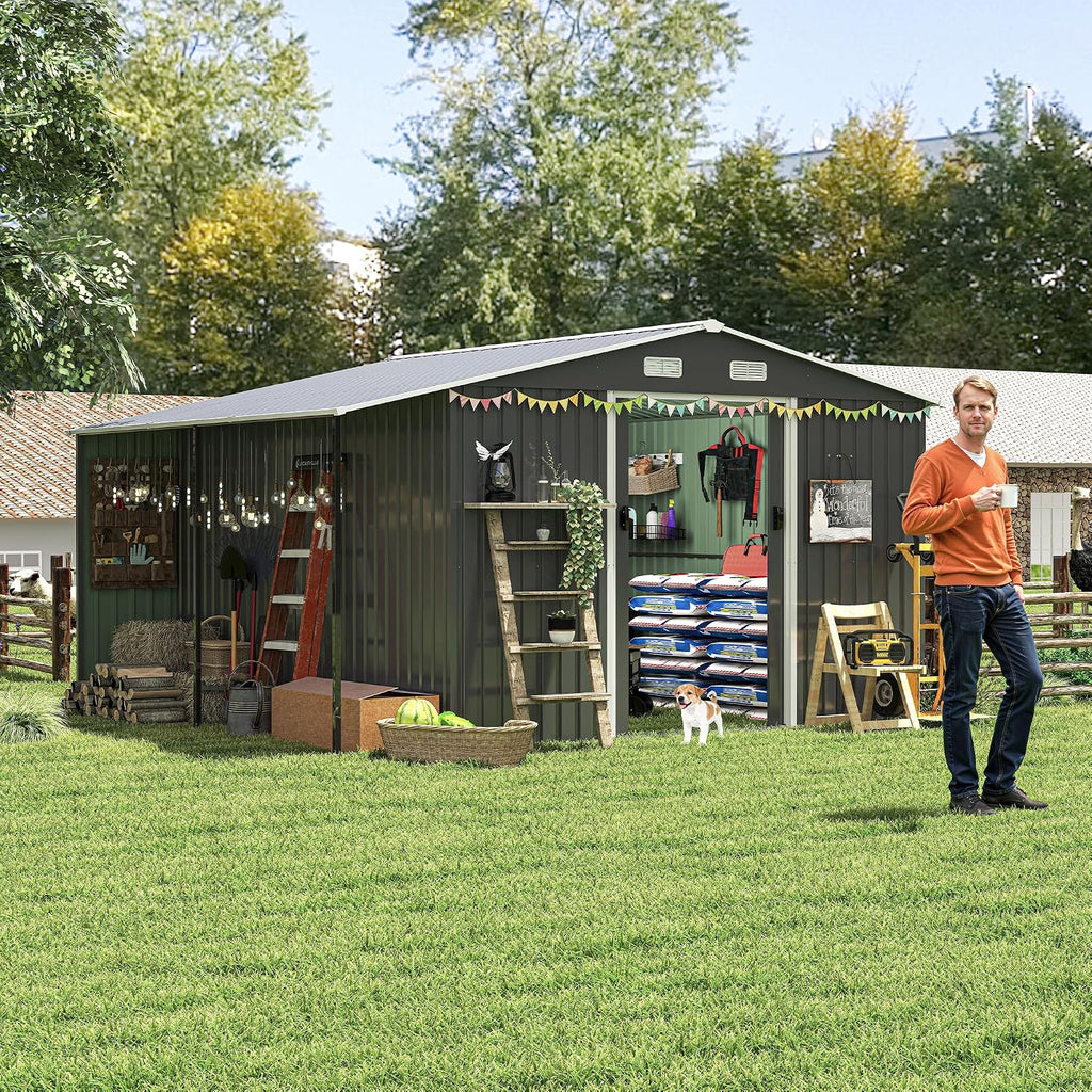 KEIKI 10x12 FTOutdoor Storage Shed, Extra Large Metal Shed with Lockable Doors, Windows, Outside Steel Tiny House Ideal for Garden, Backyard, Patio Utility, Tool Storage, Chicken Coops, Dark Gray