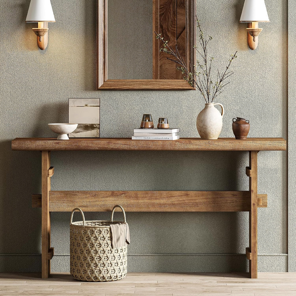 TRIBEWOOD 63-Inch Solid Wood Console Table for Entryway, Narrow Long Farmhouse Sofa Table Behind Couch, for Foyer, Hallway, Living Room, Easy Asswmbly, Brown