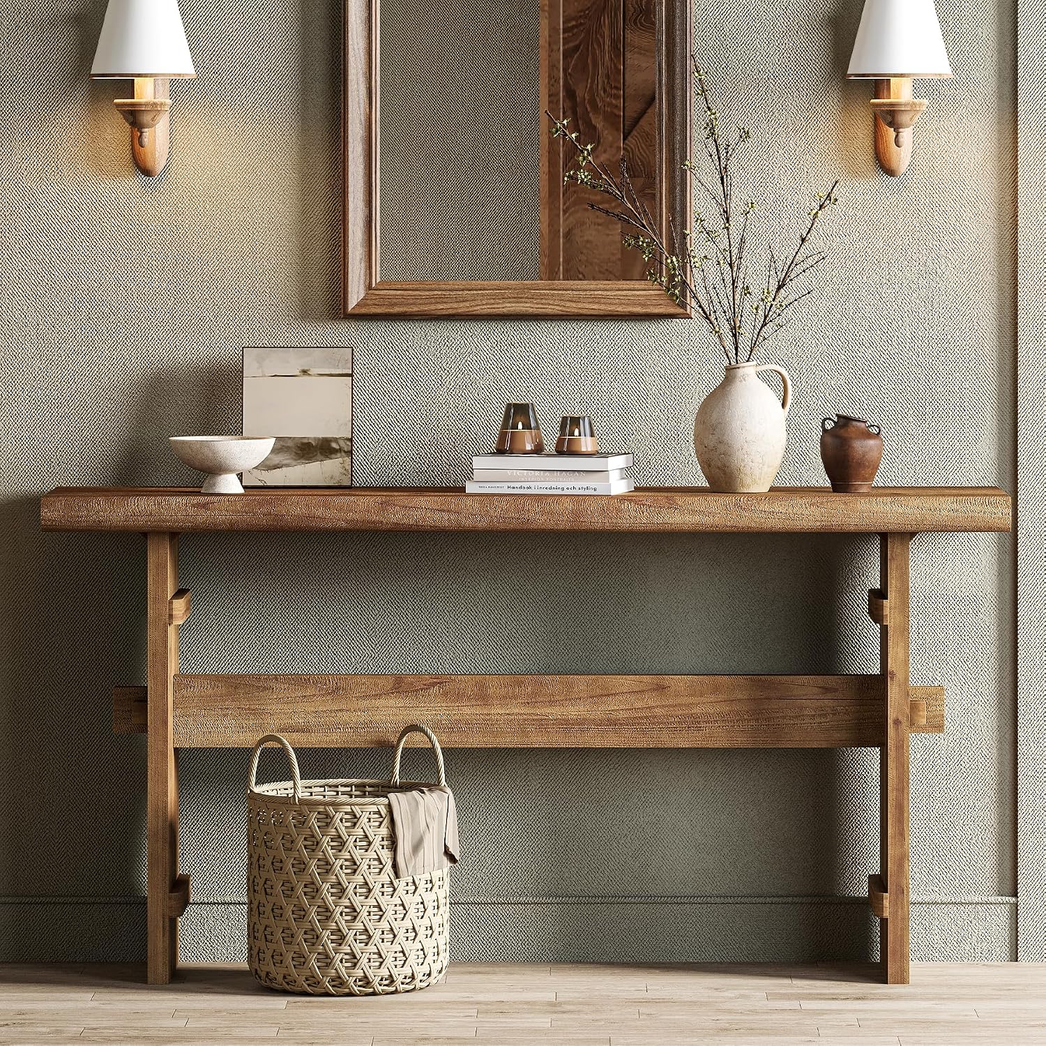 TRIBEWOOD 63-Inch Solid Wood Console Table for Entryway, Narrow Long Farmhouse Sofa Table Behind Couch, for Foyer, Hallway, Living Room, Easy Asswmbly, Brown