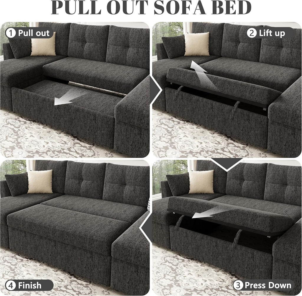 Huatean Home Oversized Sleeper Sofa Couch, 110 inch 2 in 1 Pullout Couch Bed with Side Pockets for Living Room, Sectional Sleeper Sofa Bed with Double Storage Chaise, Black