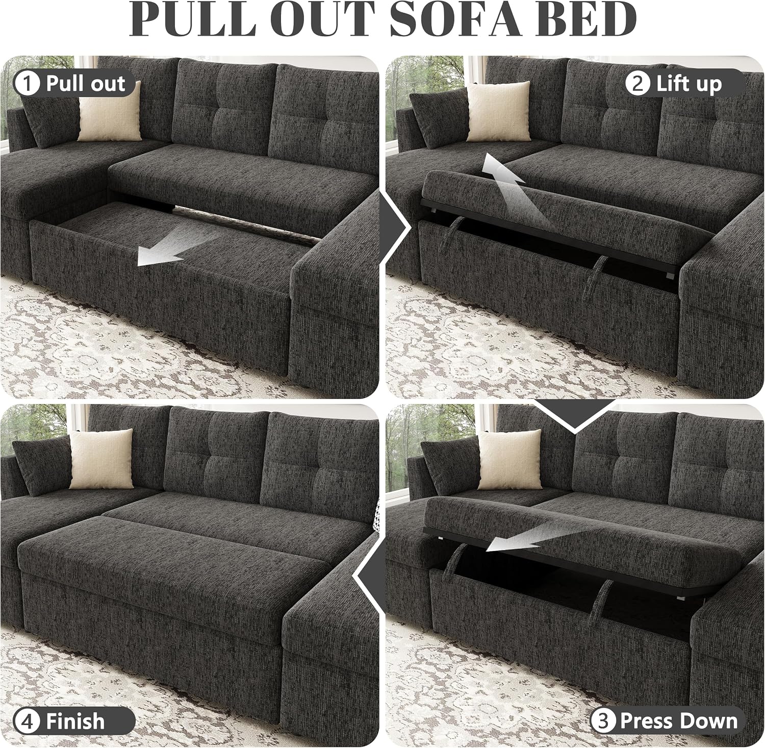 Huatean Home Oversized Sleeper Sofa Couch, 110 inch 2 in 1 Pullout Couch Bed with Side Pockets for Living Room, Sectional Sleeper Sofa Bed with Double Storage Chaise, Black
