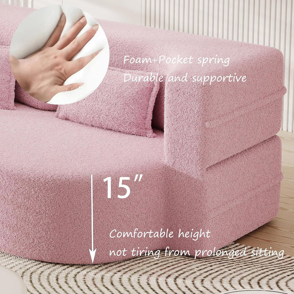 Ball & Cast 78' Sleeper Sofa Bed with 2 Pillows, Convertible Teddy Fabric Foam-Filled Could Couch, Modern Floor Sofa for Living Room,Guest Bed,Playroom,No Assembly Required,Pink