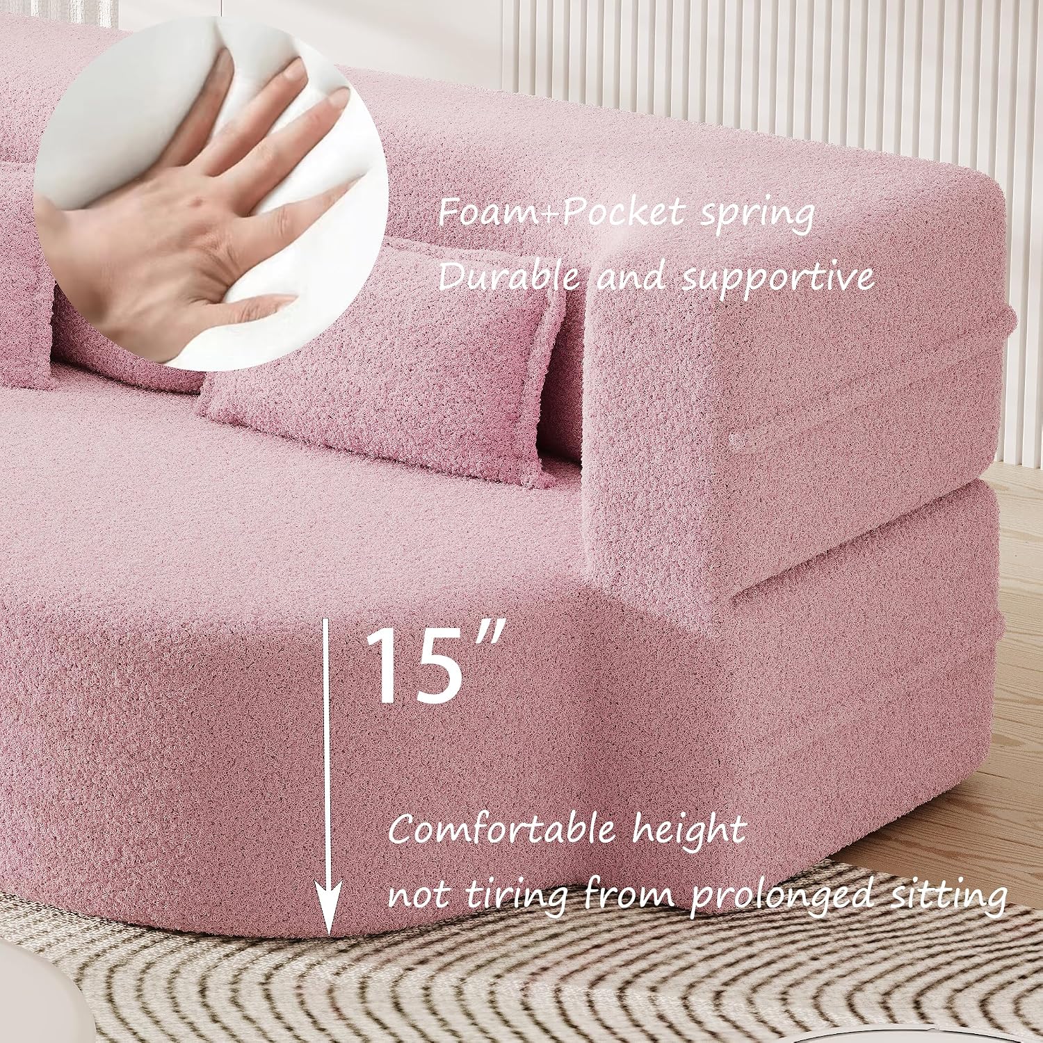 Ball & Cast 78' Sleeper Sofa Bed with 2 Pillows, Convertible Teddy Fabric Foam-Filled Could Couch, Modern Floor Sofa for Living Room,Guest Bed,Playroom,No Assembly Required,Pink