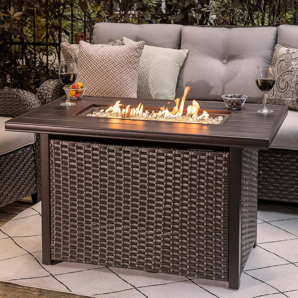 Nuu Garden 43 Inch Propane Fire Pit Table, CSA Certified 50,000 BTU Outdoor Patio Propane Fire Pit Table with 7 lbs Glass Stone & Removable Lid, Aluminum Tabletop, Water-Proof Oxford Cover, Brown