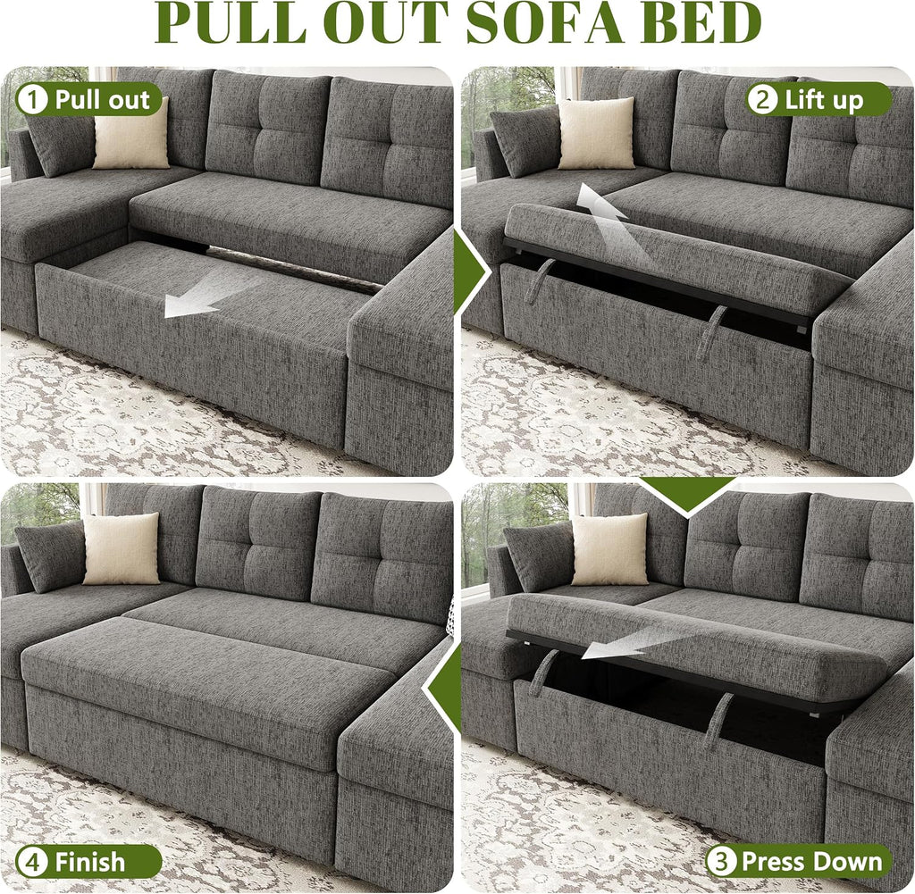 Huatean Home Oversized Sleeper Couch Sofa, 110 inch 2 in 1 Pull Out Couch with Double Storage Chaise, Sectional Sleeper Sofa Bed with Side Pocket for Living Room, Dark Grey
