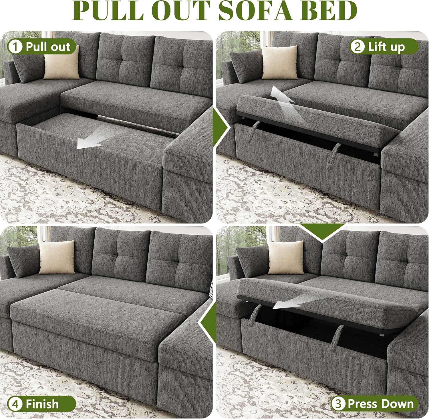 Huatean Home Oversized Sleeper Couch Sofa, 110 inch 2 in 1 Pull Out Couch with Double Storage Chaise, Sectional Sleeper Sofa Bed with Side Pocket for Living Room, Dark Grey
