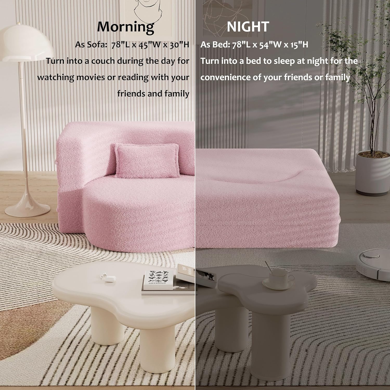 Ball & Cast 78' Sleeper Sofa Bed with 2 Pillows, Convertible Teddy Fabric Foam-Filled Could Couch, Modern Floor Sofa for Living Room,Guest Bed,Playroom,No Assembly Required,Pink
