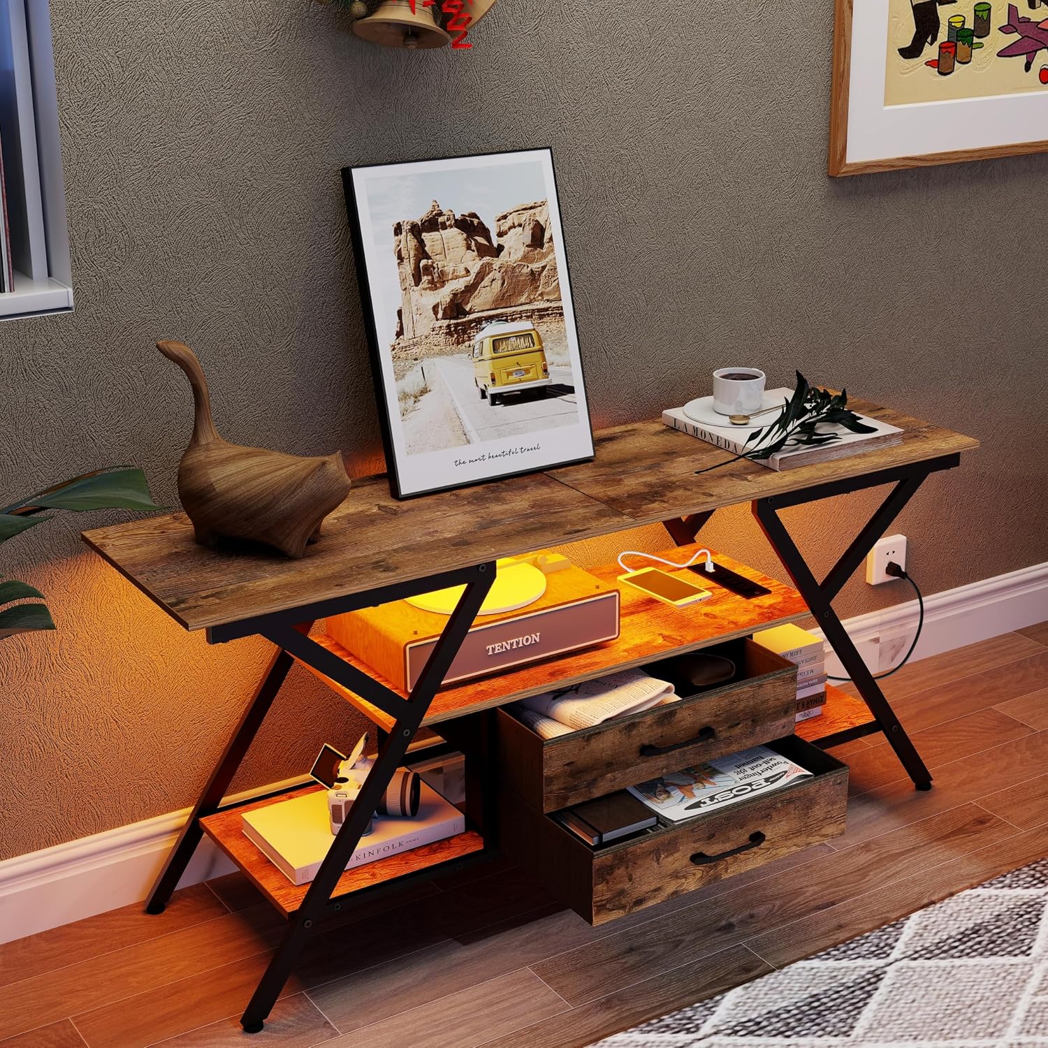 Simoretus TV Stand with Power Outlet and LED Lights, Fits TVs up to 65', 2 Fabric Drawers Entertainment Center with Open Storage Shelves, Media Console for Living Room, Bedroom (Rustic Brown)