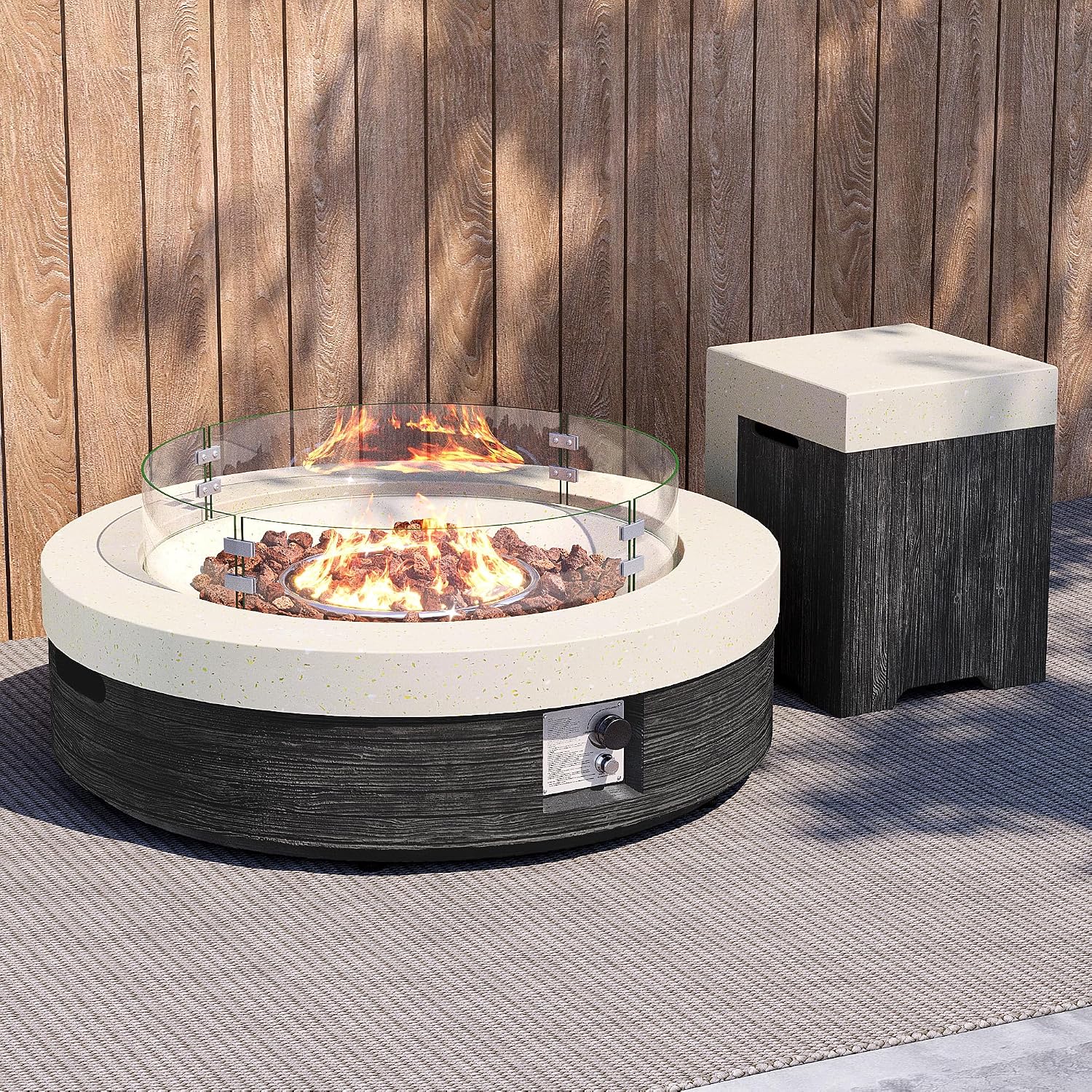 41inch Round Propane Fire Pit Table-Black & White Magnesium Oxide Design,50000 BTU Heat,with 20 Gallon Tank Cover, Glass Wind Guard & Waterproof Cover