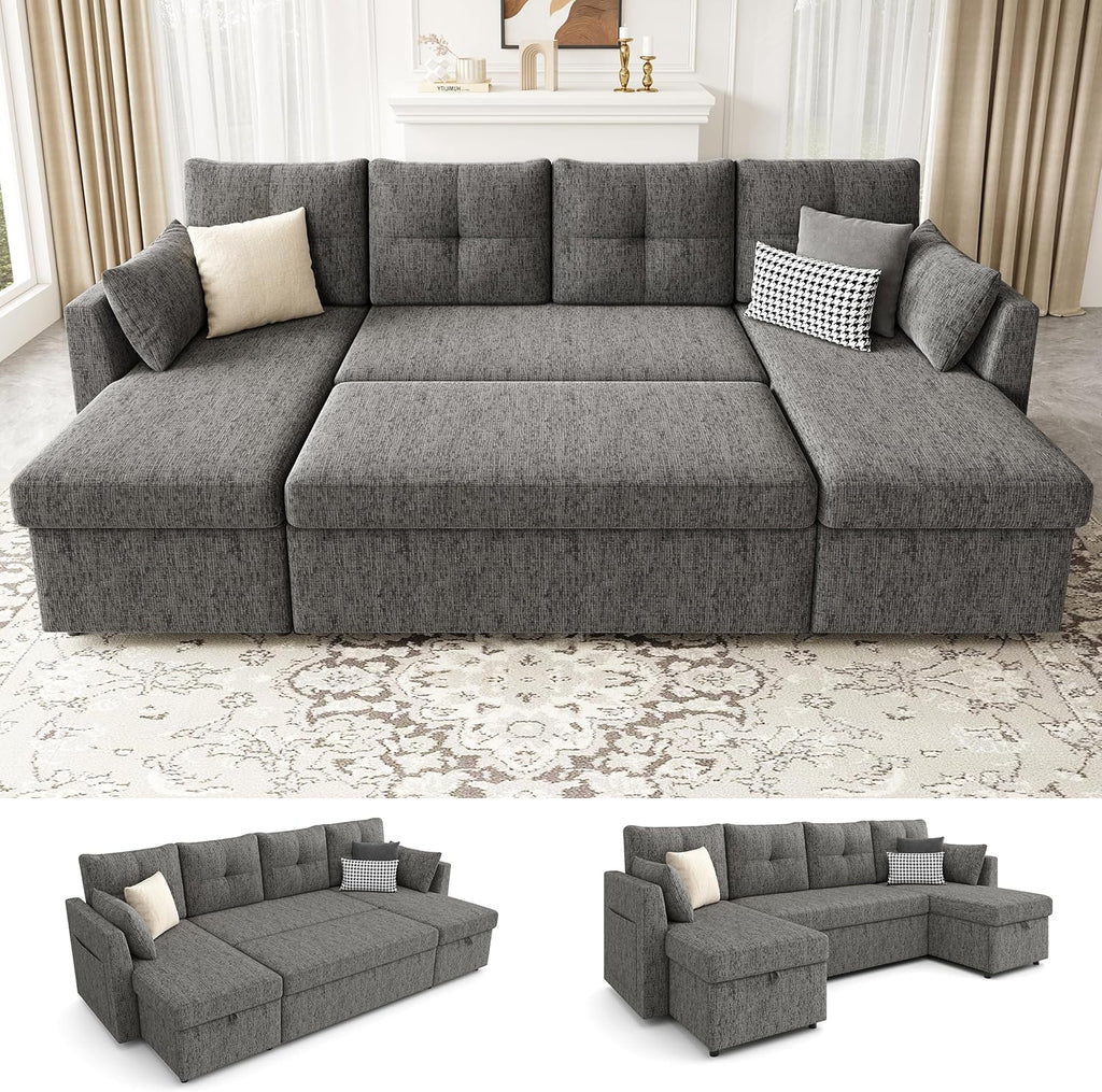 Huatean Home Oversized Sleeper Couch Sofa, 110 inch 2 in 1 Pull Out Couch with Double Storage Chaise, Sectional Sleeper Sofa Bed with Side Pocket for Living Room, Dark Grey